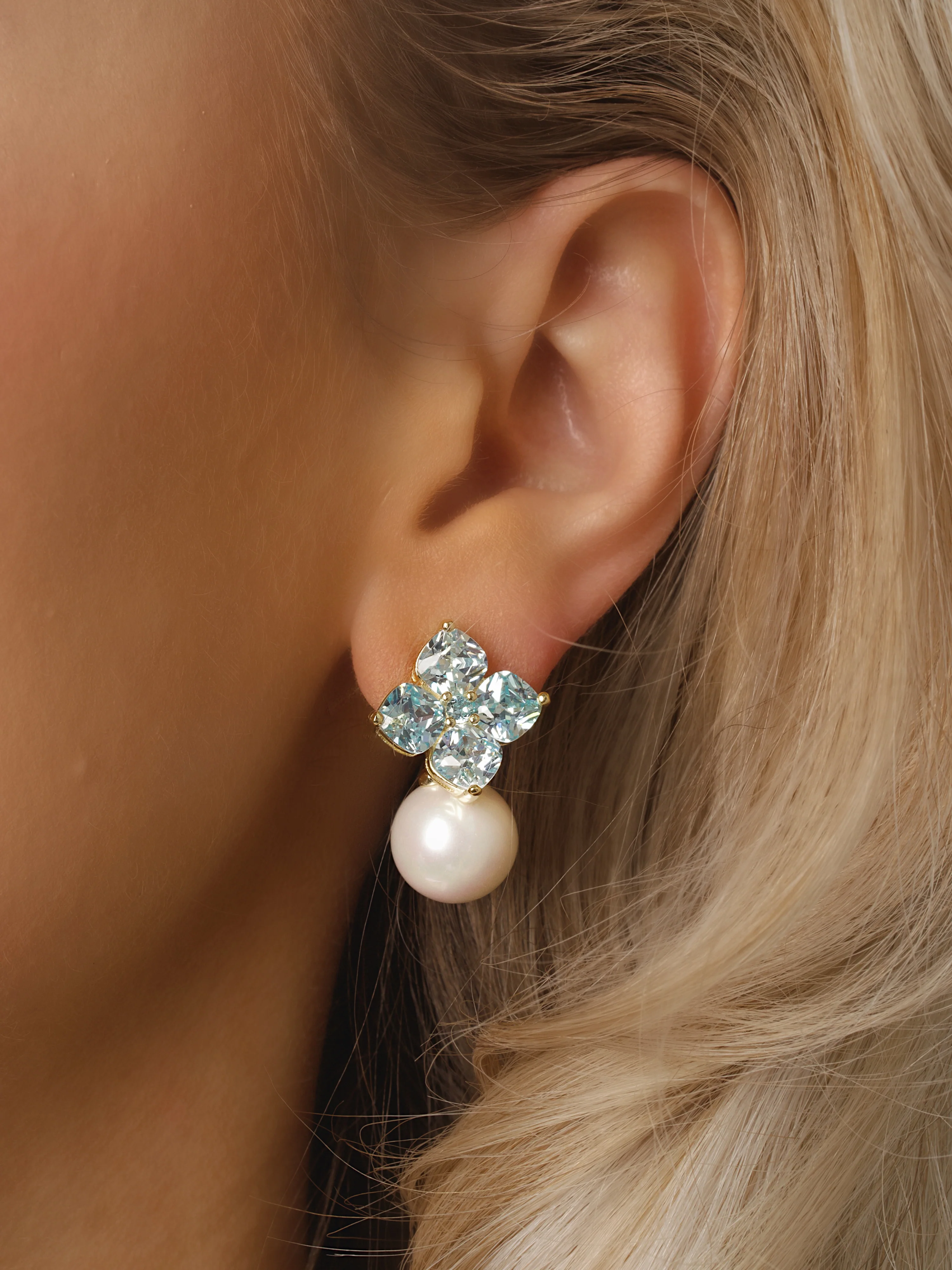 Crystal Hydrangea Pearl Earrings - Aqua - Image 2