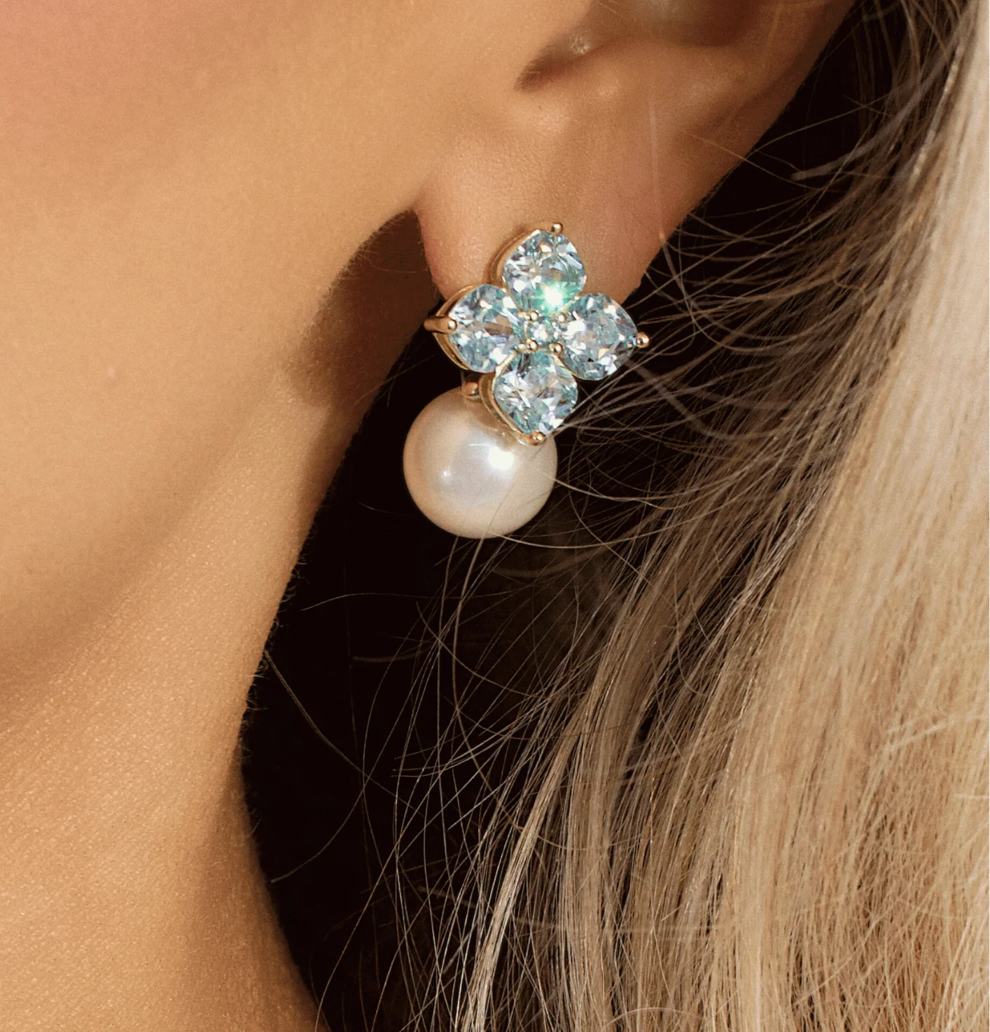 Crystal Hydrangea Pearl Earrings - Aqua - Image 4