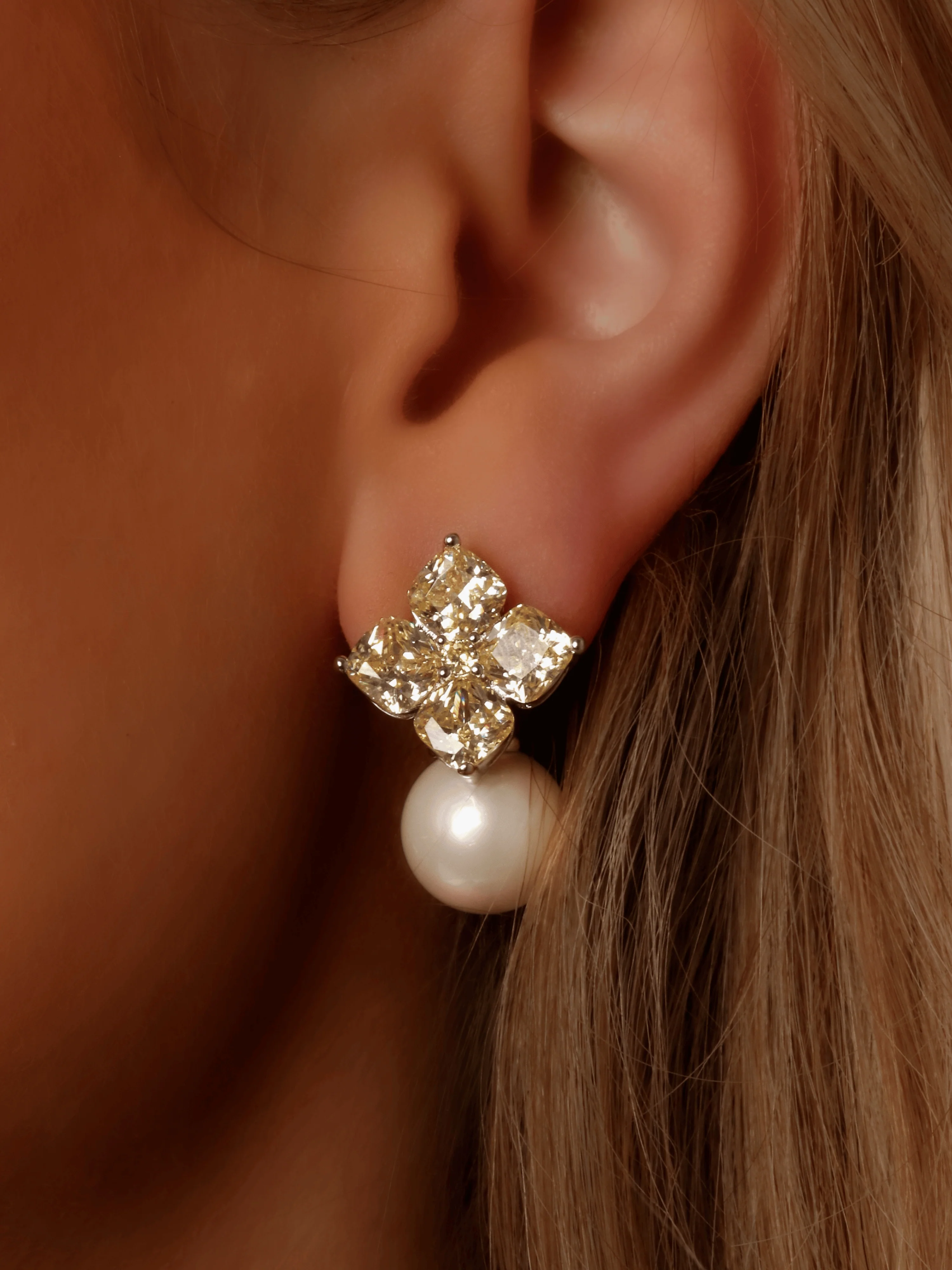 Crystal Hydrangea Pearl Earrings - Lemon Drop - Image 2