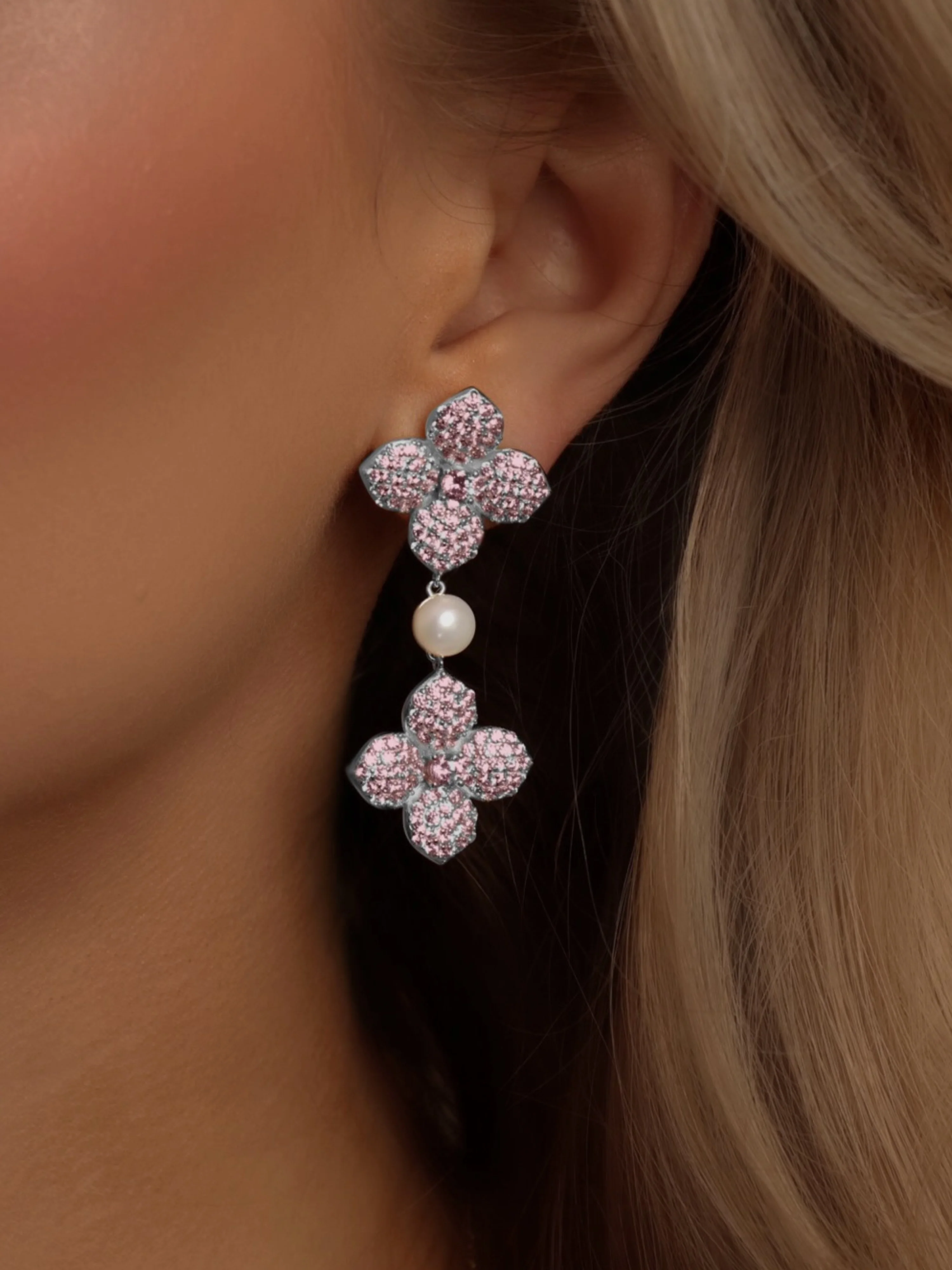 Hydrangea Pearl Drop Earring - Light Pink - Image 2